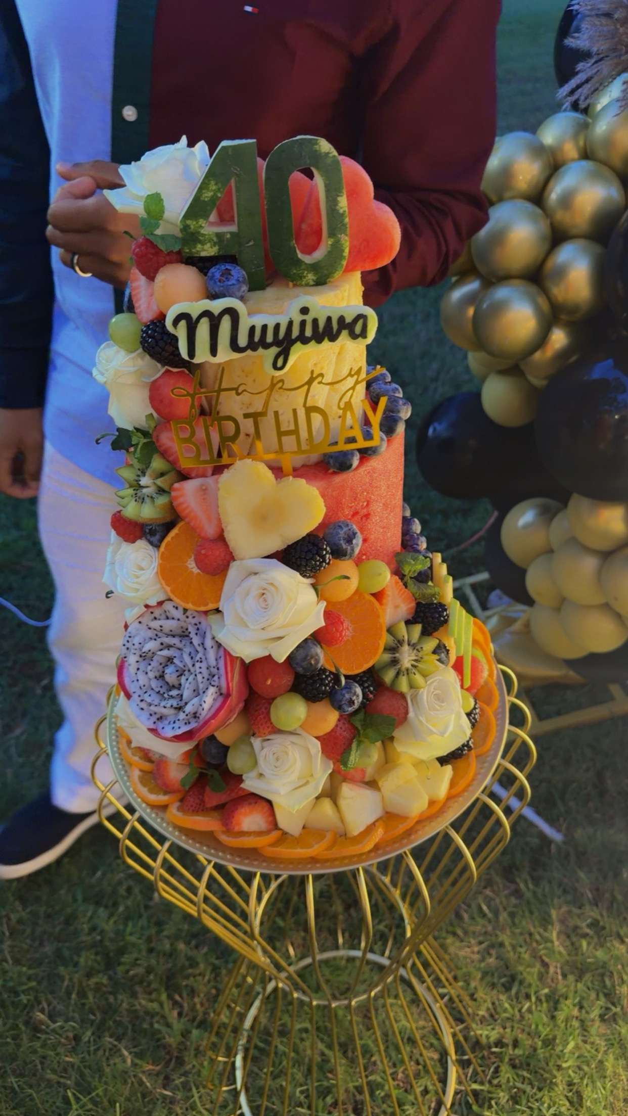 Custom fruit and floral 40th birthday cake